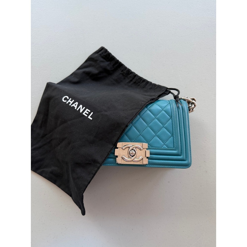 Chanel Boy Bag Small Teal Quilted Leather Ruthenium Chain Flap Crossbody - Picture 14 of 15